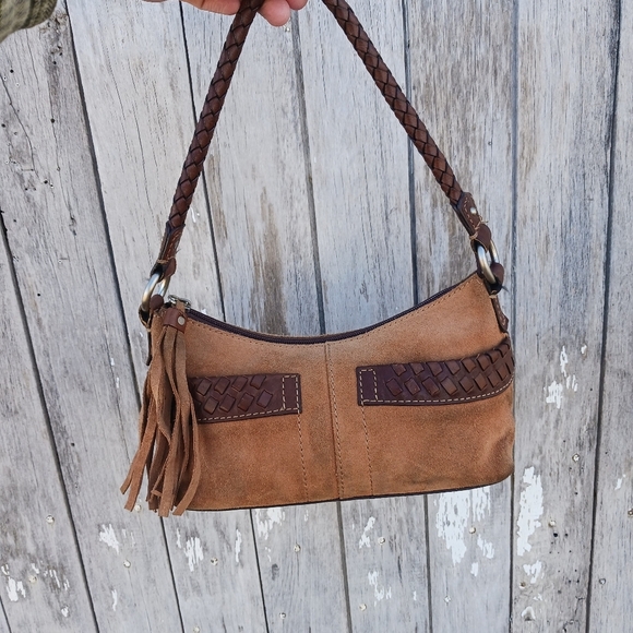 Vtg 395 Fossil Hobo Handbag Bag Suede and Braided Leather Tassle Y2K - Picture 2 of 16